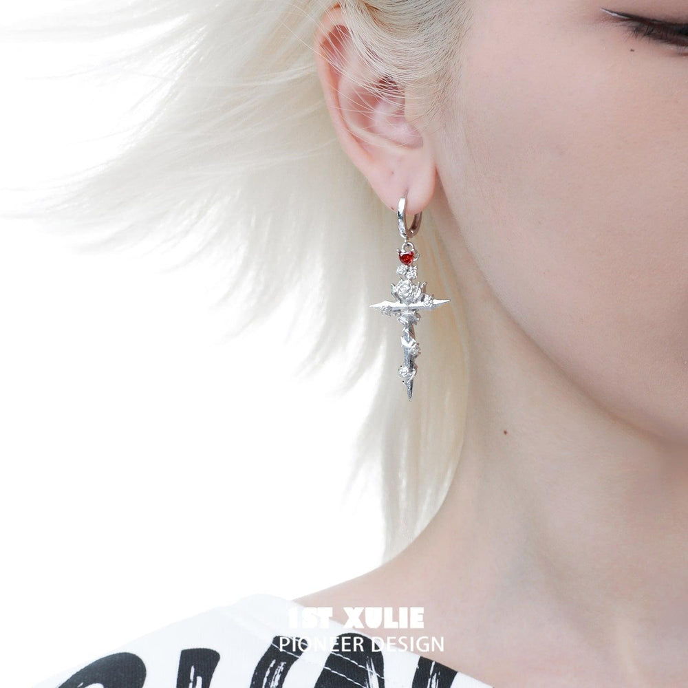 1ST XULIE "Taboo Rose" Statement Rose Sword Dangle Earrings in Platinum Plated - Detail Shot