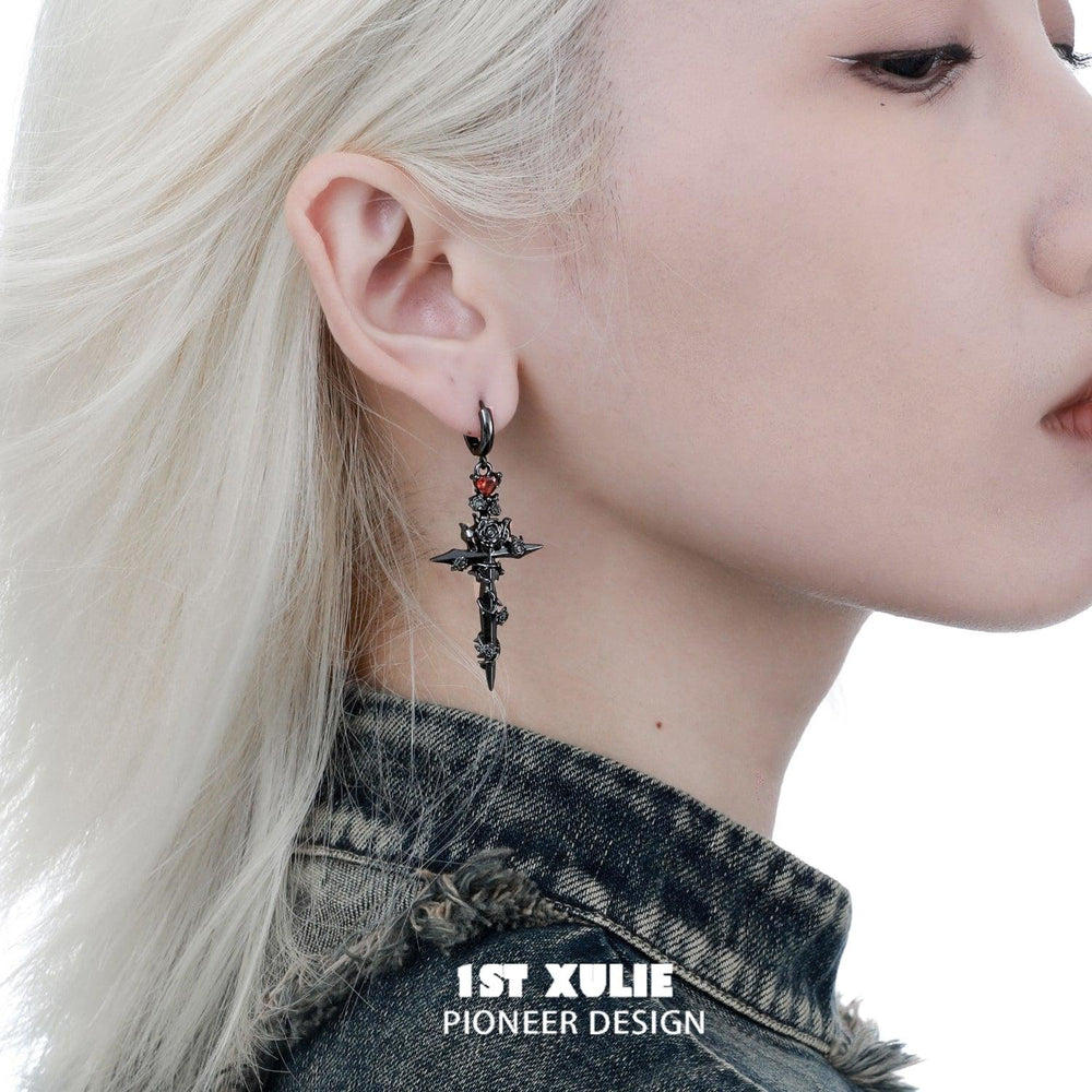 1ST XULIE "Taboo Rose" Statement Rose Sword Dangle Earrings in Platinum Plated - Product View