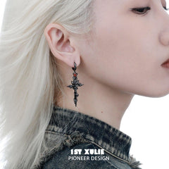 1ST XULIE "Taboo Rose" Statement Rose Sword Dangle Earrings in Platinum Plated - Product View