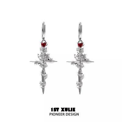 1ST XULIE "Taboo Rose" Statement Rose Sword Dangle Earrings in Platinum Plated - On Model Close-up