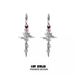 1ST XULIE "Taboo Rose" Statement Rose Sword Dangle Earrings in Platinum Plated - On Model Close-up
