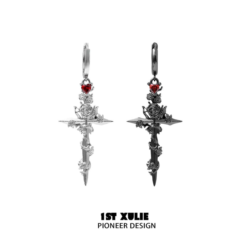 1ST XULIE "Taboo Rose" Statement Rose Sword Dangle Earrings in Platinum Plated - On Model