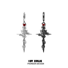 1ST XULIE "Taboo Rose" Statement Rose Sword Dangle Earrings in Platinum Plated - On Model