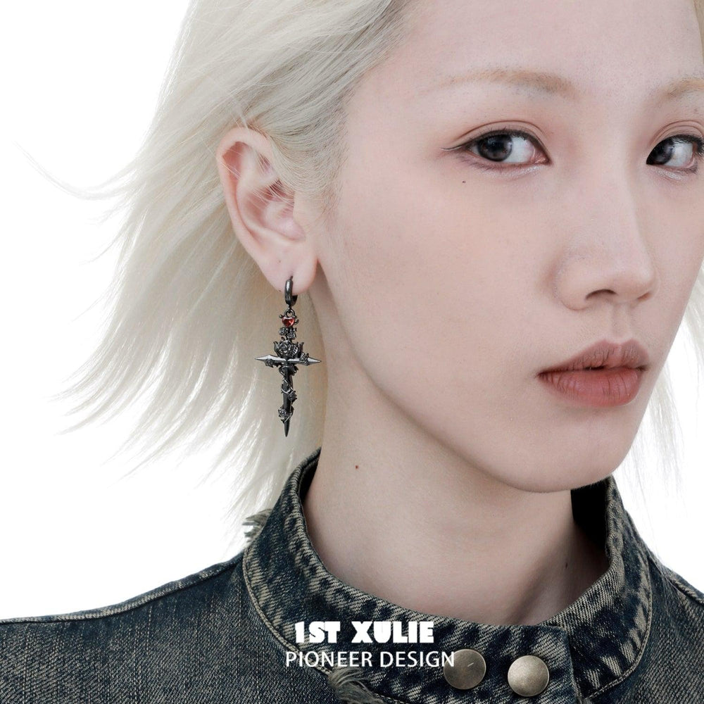 1ST XULIE "Taboo Rose" Statement Rose Sword Dangle Earrings - Packaging View