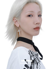 1ST XULIE "Taboo Rose" Statement Rose Sword Dangle Earrings in Platinum Plated - Side View On Model