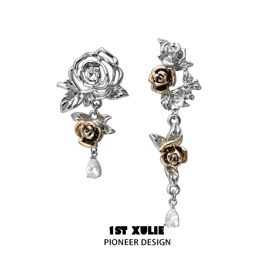 1ST XULIE "Golden Rose" Statement Sculptural Rose Earrings in 18K Gold Plate - Product View