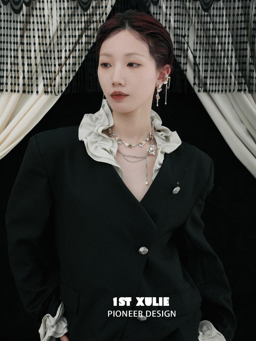 1ST XULIE "Golden Rose" Statement Sculptural Rose Earrings in 18K Gold Plate - On Model Close-up