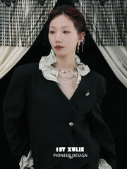 1ST XULIE "Golden Rose" Statement Sculptural Rose Earrings in 18K Gold Plate - On Model Close-up