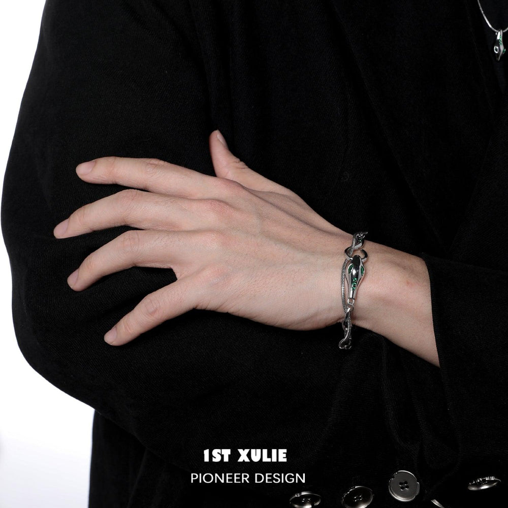 1ST XULIE "Slytherin House" Statement Serpent Cuff Bracelet in Platinum Plated - Lifestyle Shot