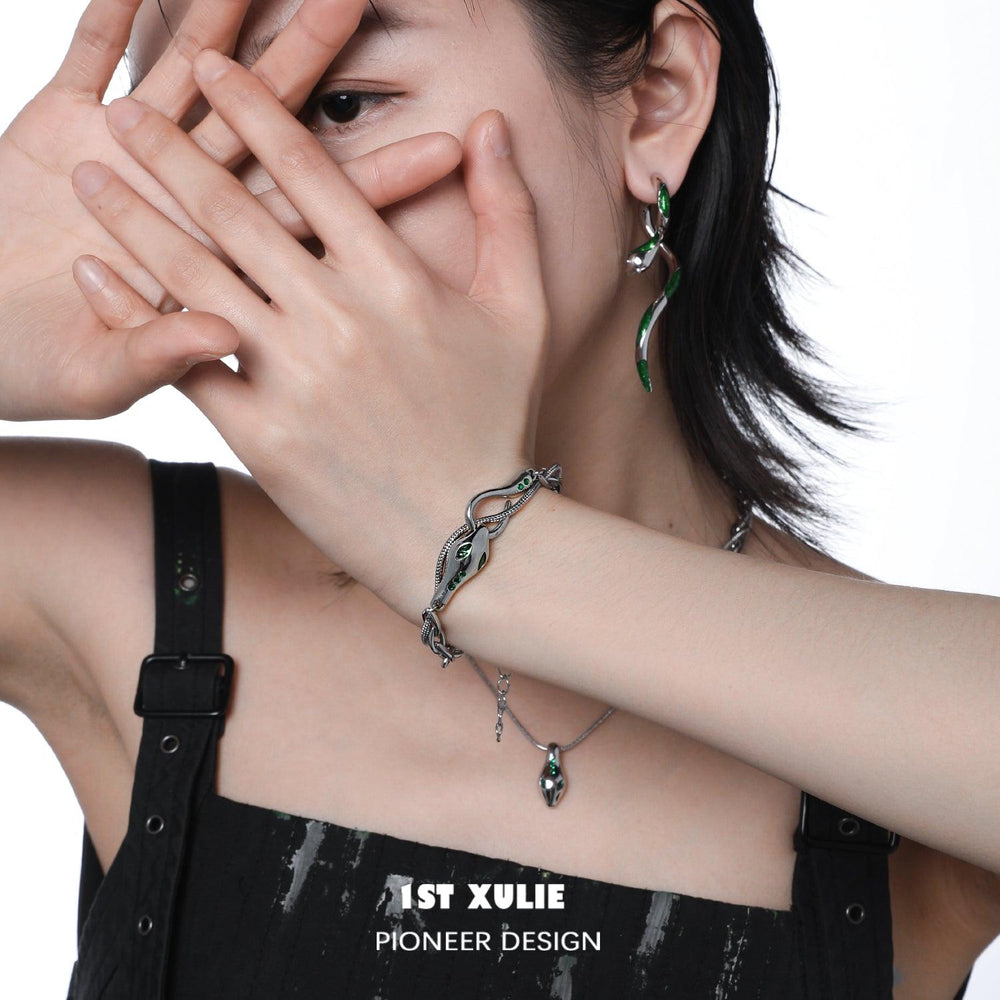 1ST XULIE "Slytherin House" Statement Serpent Cuff Bracelet in Platinum Plated - Detail Shot On Model