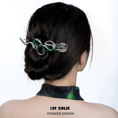 1ST XULIE "Sappho's Serpent" Platinum Plated Statement Serpent Spirit Hairpin - Detail Shot