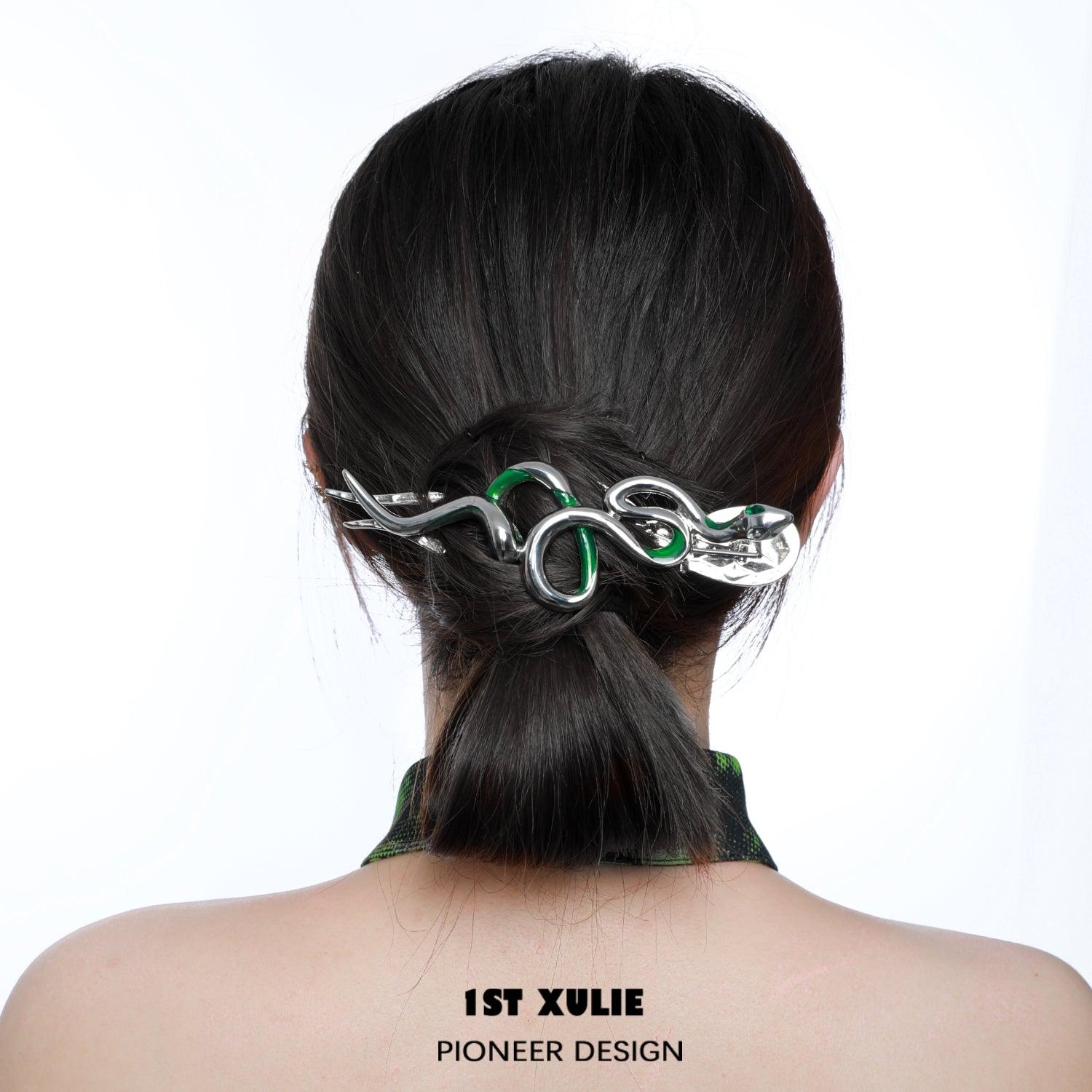 1ST XULIE "Sappho's Serpent" Platinum Plated Statement Serpent Spirit Hairpin - On Model Close Up 1ST XULIE "Sappho's Serpent" Platinum Plated Statement Serpent Spirit Hairpin - On Model Close Up