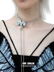1ST XULIE "Butterfly Wasteland" Platinum Plated Statement Shell Butterfly Lariat Necklace - Detail Shot