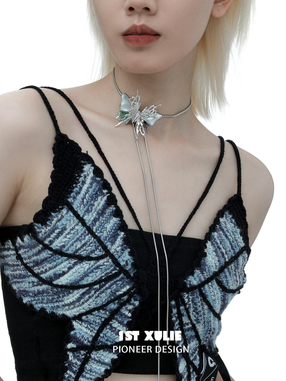 1ST XULIE "Butterfly Wasteland" Platinum Plated Statement Shell Butterfly Lariat Necklace - Lifestyle Shot
