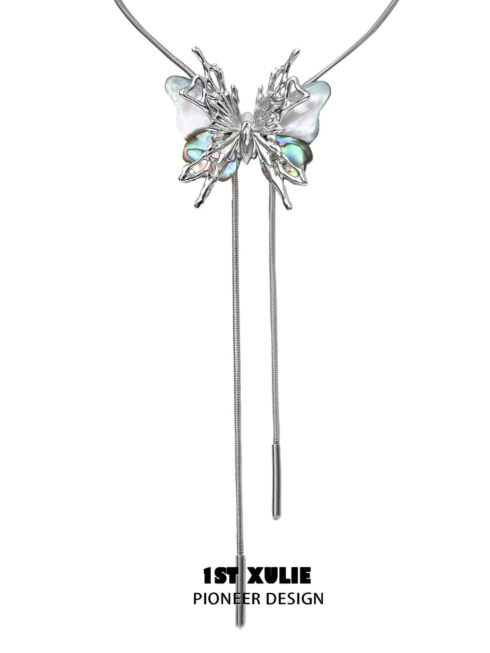 1ST XULIE "Butterfly Wasteland" Platinum Plated Statement Shell Butterfly Lariat Necklace - On Model Close-Up