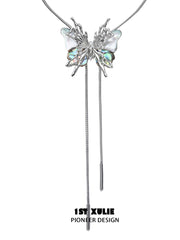 1ST XULIE "Butterfly Wasteland" Platinum Plated Statement Shell Butterfly Lariat Necklace - On Model Close-Up