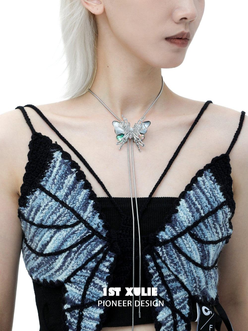 1ST XULIE "Butterfly Wasteland" Platinum Plated Statement Shell Butterfly Lariat Necklace - Side View