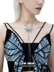 1ST XULIE "Butterfly Wasteland" Platinum Plated Statement Shell Butterfly Lariat Necklace - Side View