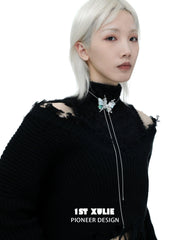 1ST XULIE "Butterfly Wasteland" Platinum Plated Statement Shell Butterfly Lariat Necklace - Texture Detail