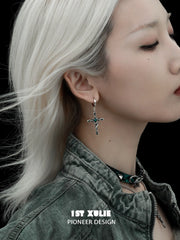 1ST XULIE "Snake Bite" Statement Snake Dangle Earrings in Platinum Plated Brass - On Model Close-up