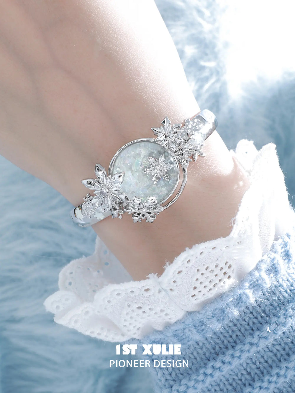 1ST XULIE "Snow Land" Statement Snowflake Crystal Bracelet in Platinum Finish - Angled View