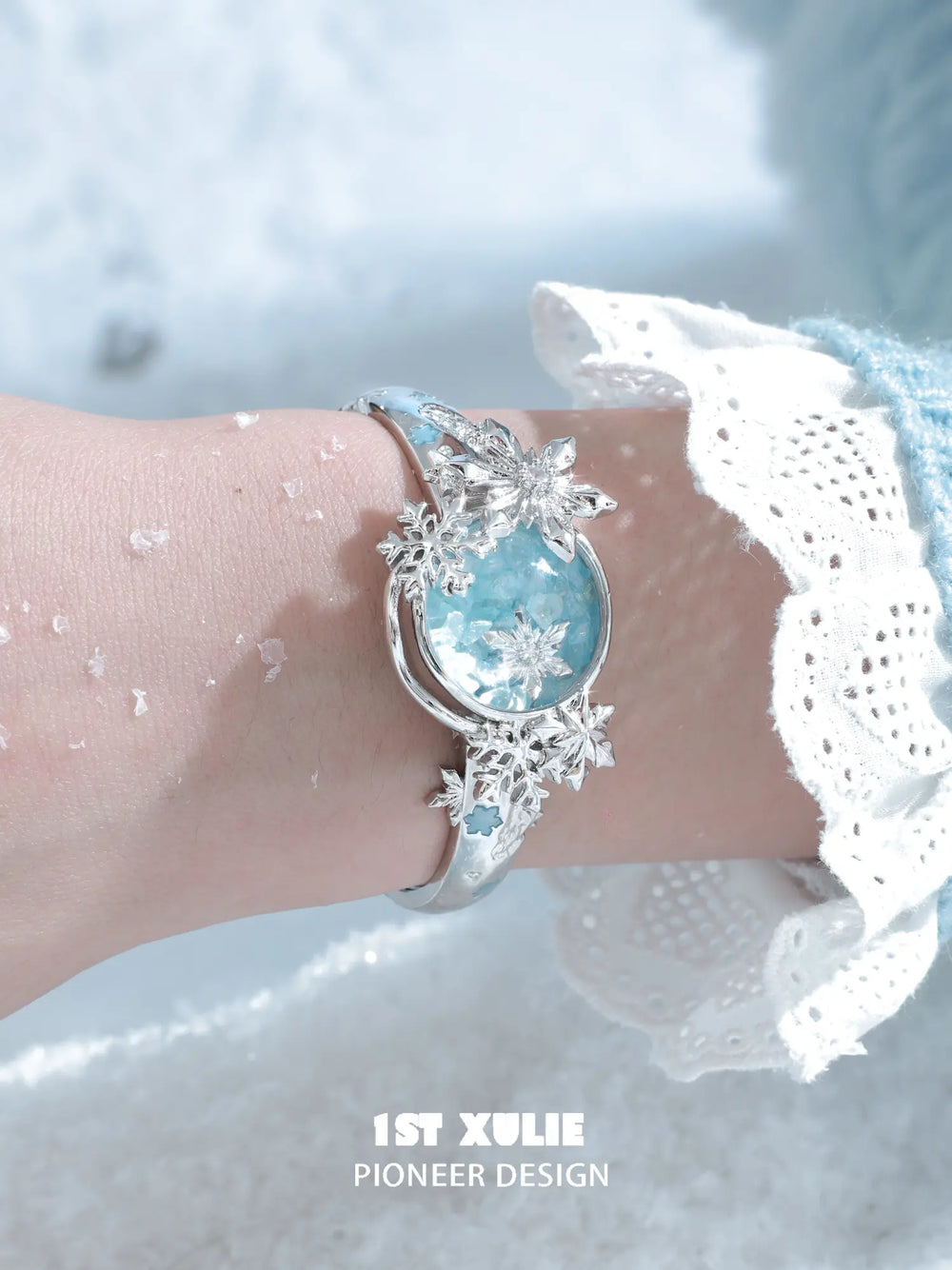 1ST XULIE "Snow Land" Statement Snowflake Crystal Bracelet in Platinum Finish - Lifestyle Shot