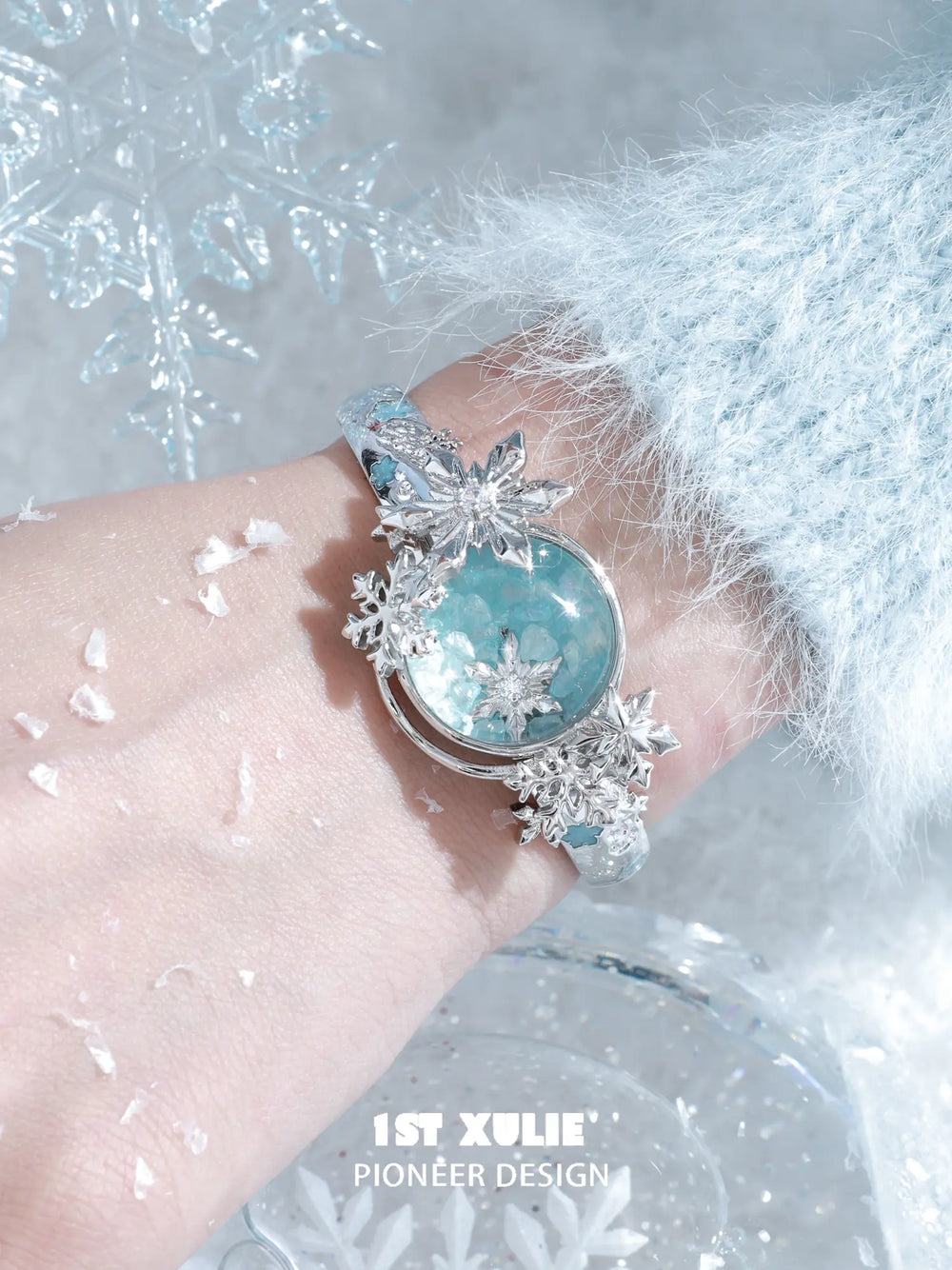 1ST XULIE "Snow Land" Statement Snowflake Crystal Bracelet in Platinum Finish - On Model