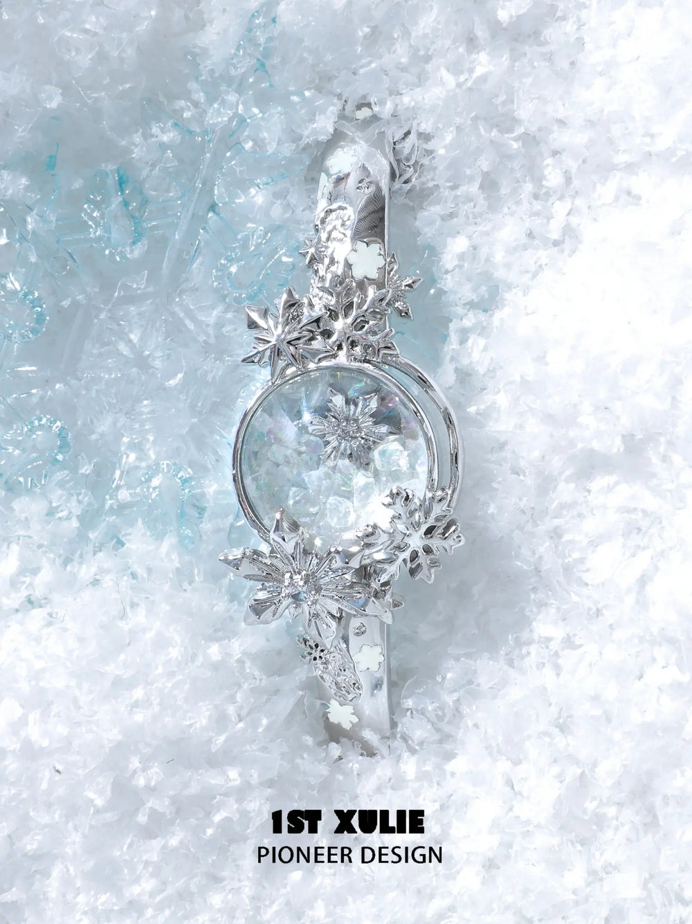 1ST XULIE "Snow Land" Statement Snowflake Crystal Bracelet in Platinum Finish - Side View