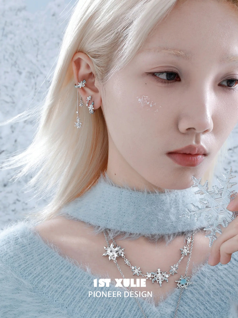 1ST XULIE "Snow Land" Statement Snowflake Dangle Ear Cuffs in Platinum Plated - Product View