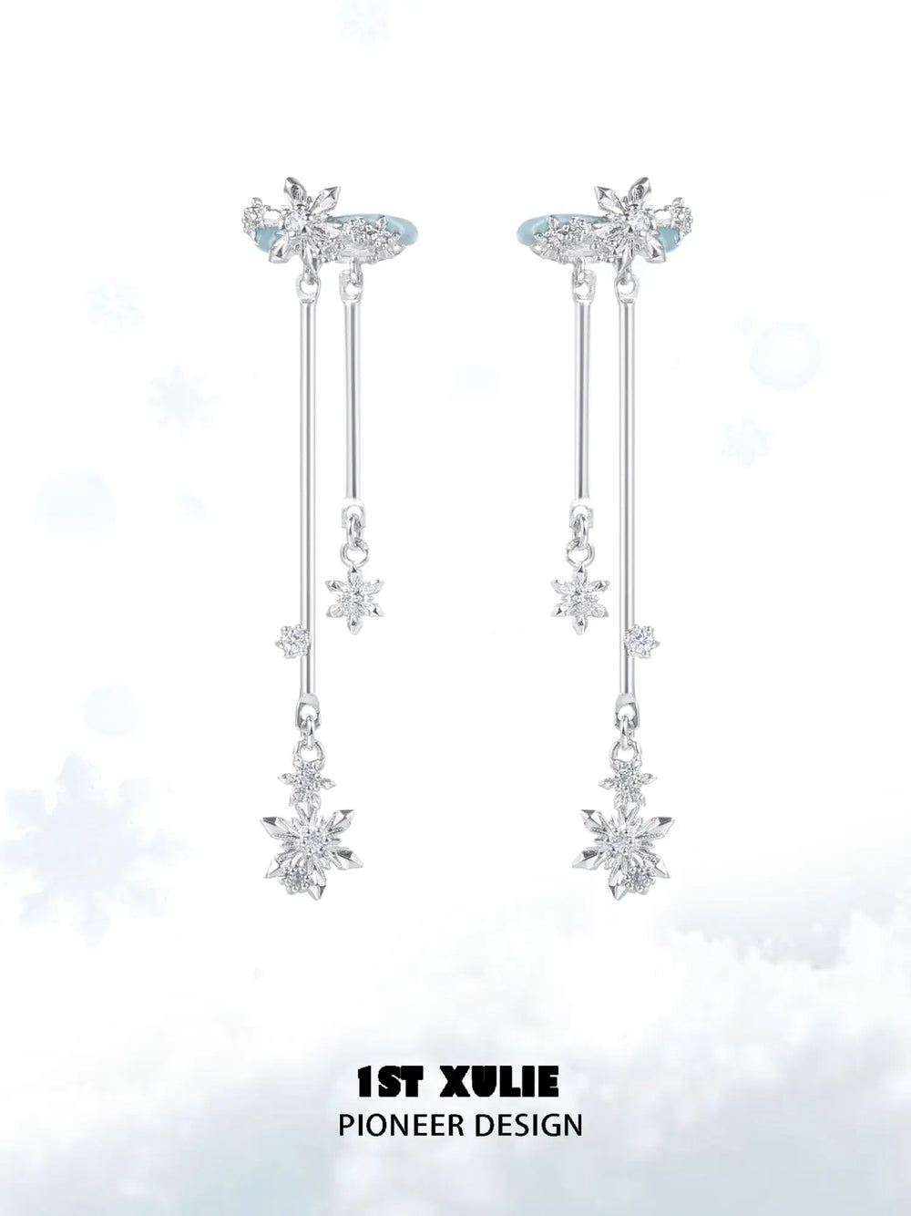 1ST XULIE "Snow Land" Statement Snowflake Dangle Ear Cuffs in Platinum Plated - Texture Detail