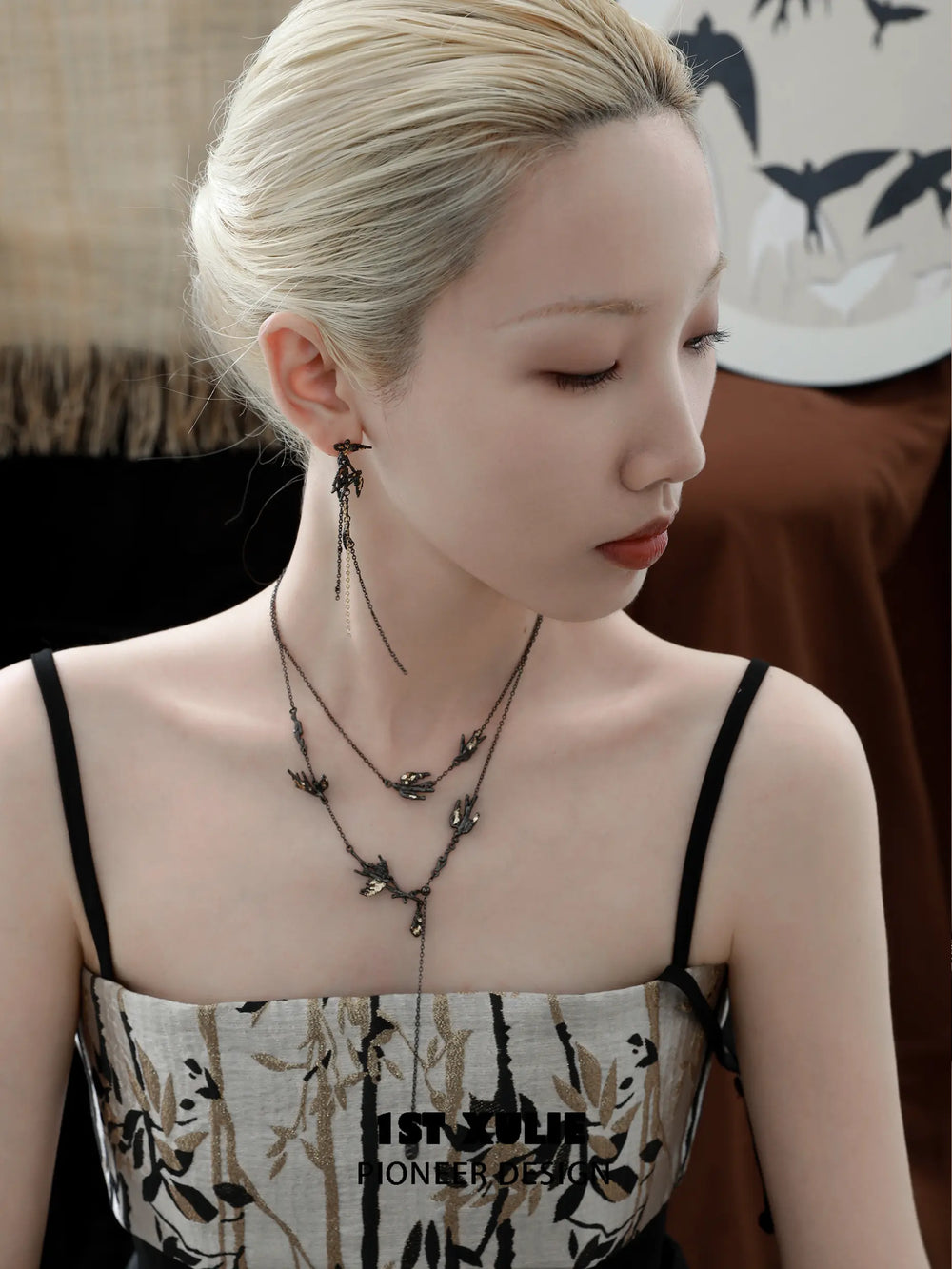 1ST XULIE "Swallow's Return" Statement Swallow Choker Necklace in 18K Black Gold Plated & Gold Leaf - Clasp Detail