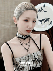 1ST XULIE "Swallow's Return" Statement Swallow Choker Necklace in 18K Black Gold Plated & Gold Leaf - Detail Shot