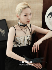 1ST XULIE "Swallow's Return" Statement Swallow Choker Necklace in 18K Black Gold Plated & Gold Leaf - Lifestyle Shot