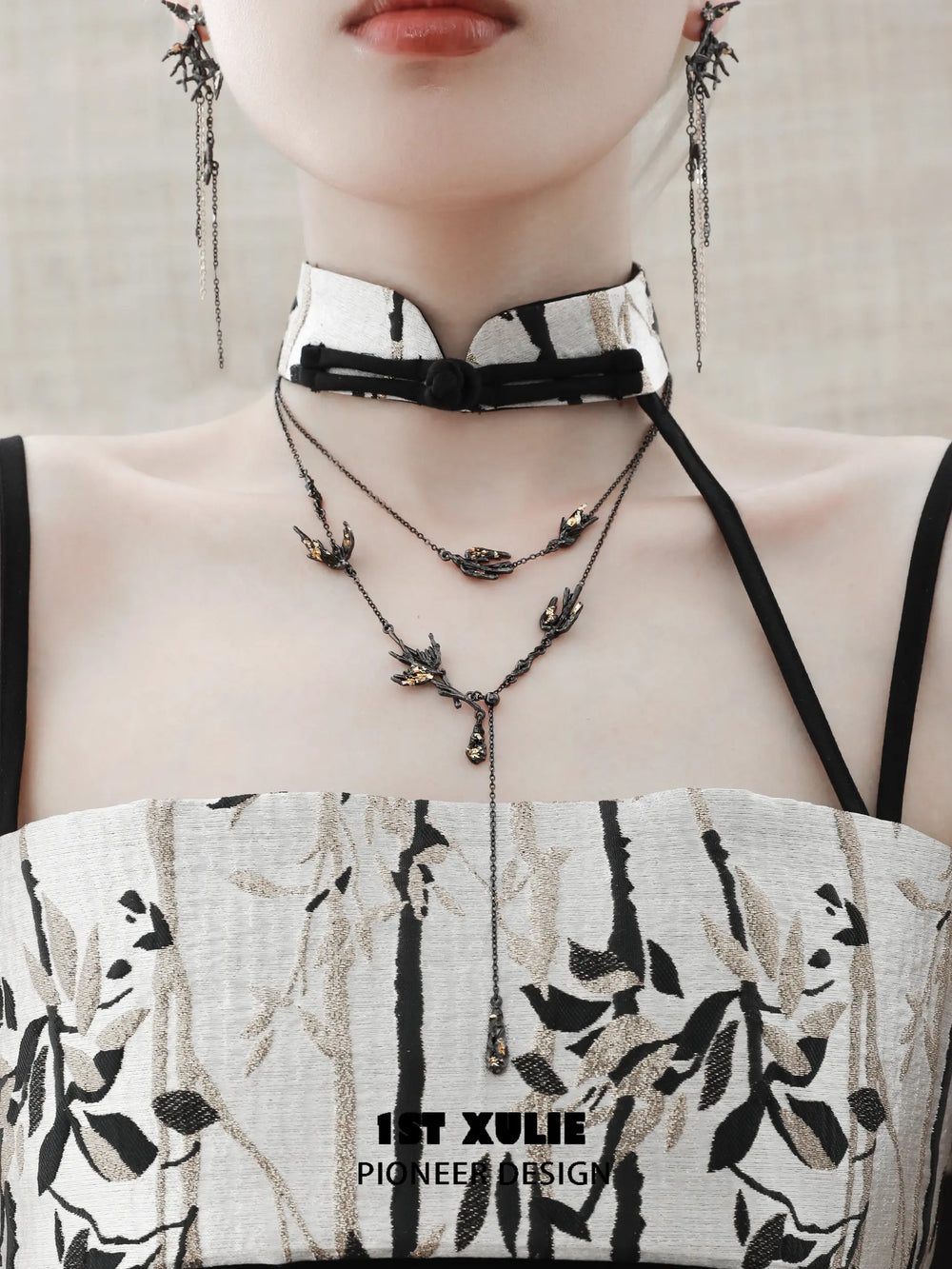 1ST XULIE "Swallow's Return" Statement Swallow Choker Necklace in 18K Black Gold Plated & Gold Leaf - Product View