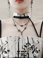 1ST XULIE "Swallow's Return" Statement Swallow Choker Necklace in 18K Black Gold Plated & Gold Leaf - Product View