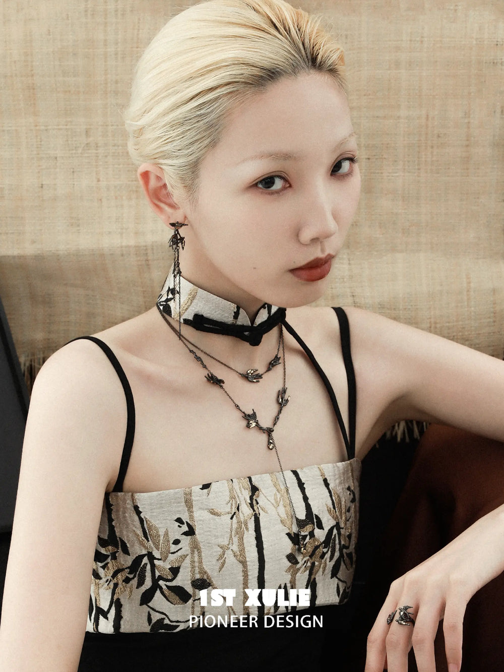 1ST XULIE "Swallow's Return" Statement Swallow Choker Necklace in 18K Black Gold Plated & Gold Leaf - On Model