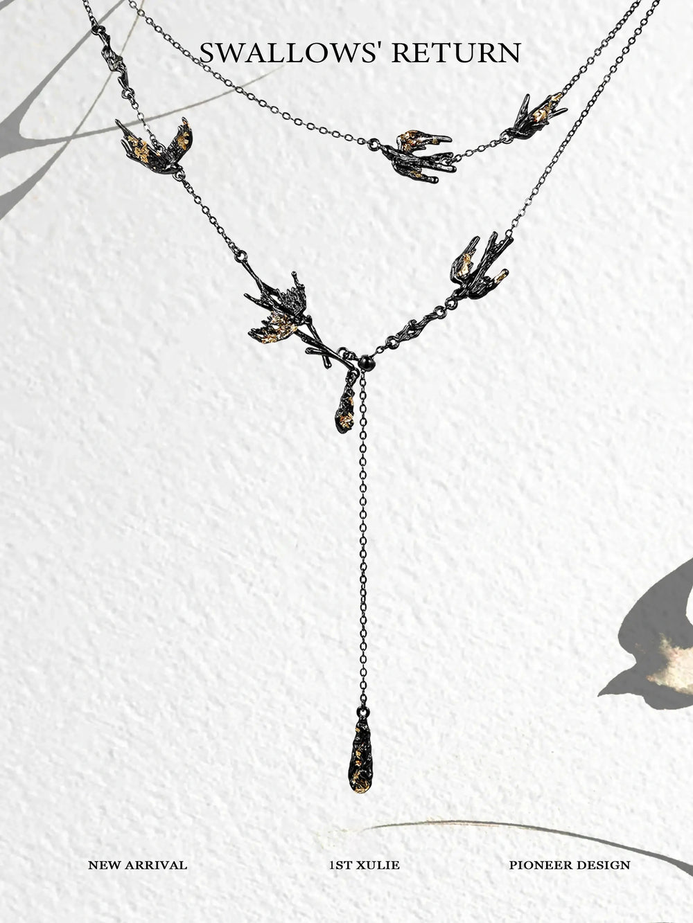 1ST XULIE "Swallow's Return" Statement Swallow Choker Necklace in 18K Black Gold Plated & Gold Leaf - On Model Close-Up