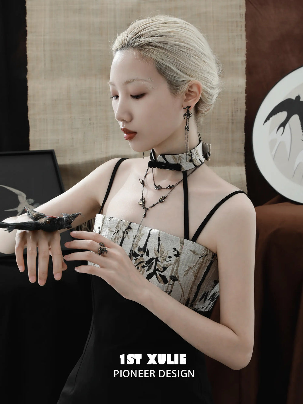 1ST XULIE "Swallow's Return" Statement Swallow Choker Necklace in 18K Black Gold Plated & Gold Leaf - Packaging View