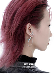 1ST XULIE "Frozen Serpent Girl" Statement Sword Chain Dangle Stud Earrings in Platinum Plated Brass - Detail Shot