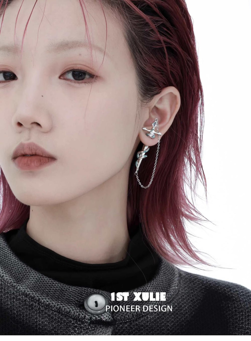 1ST XULIE "Frozen Serpent Girl" Statement Sword Chain Dangle Stud Earrings in Platinum Plated Brass - Lifestyle Shot