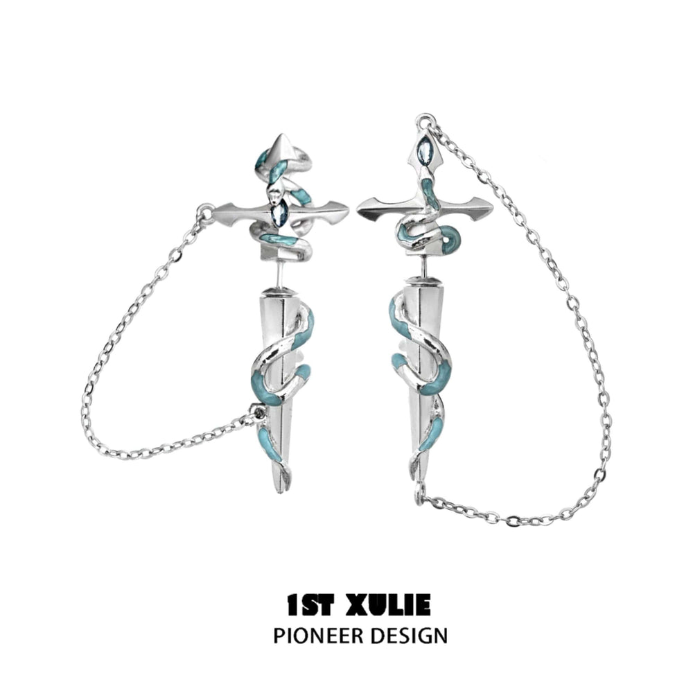1ST XULIE "Frozen Serpent Girl" Statement Sword Chain Dangle Stud Earrings in Platinum Plated Brass - Product View