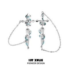 1ST XULIE "Frozen Serpent Girl" Statement Sword Chain Dangle Stud Earrings in Platinum Plated Brass - Product View
