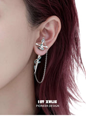 1ST XULIE "Frozen Serpent Girl" Statement Sword Chain Dangle Stud Earrings in Platinum Plated Brass - On Model
