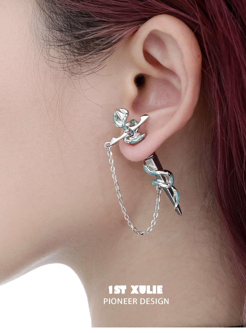 1ST XULIE "Frozen Serpent Girl" Statement Sword Chain Dangle Stud Earrings in Platinum Plated Brass - Side View