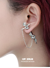 1ST XULIE "Frozen Serpent Girl" Statement Sword Chain Dangle Stud Earrings in Platinum Plated Brass - Side View