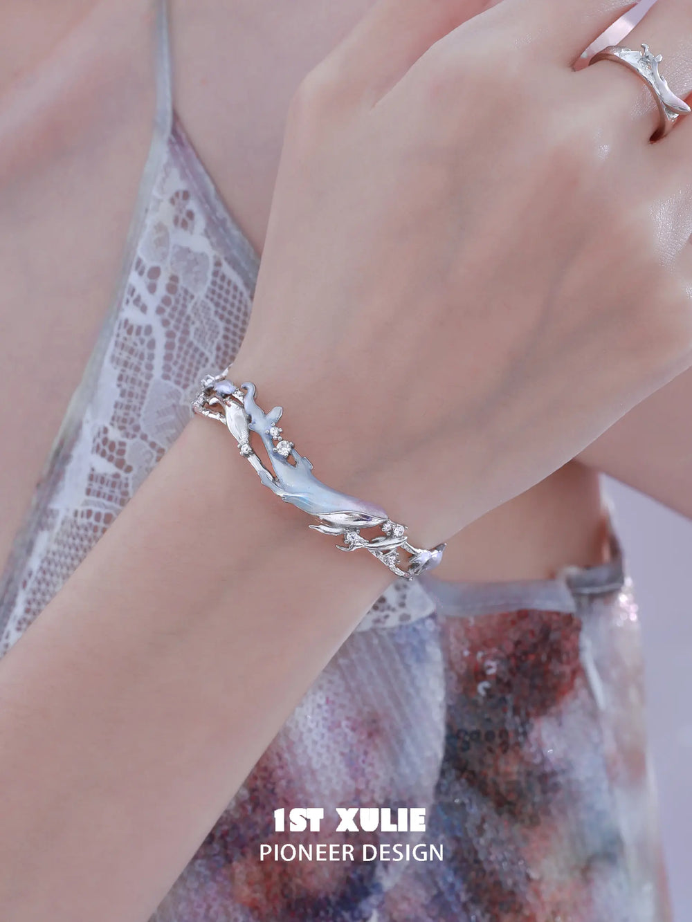 1ST XULIE "ATLANTIS" Statement Whale & Pearl Cuff Bangle in Platinum Plated - Detail Shot