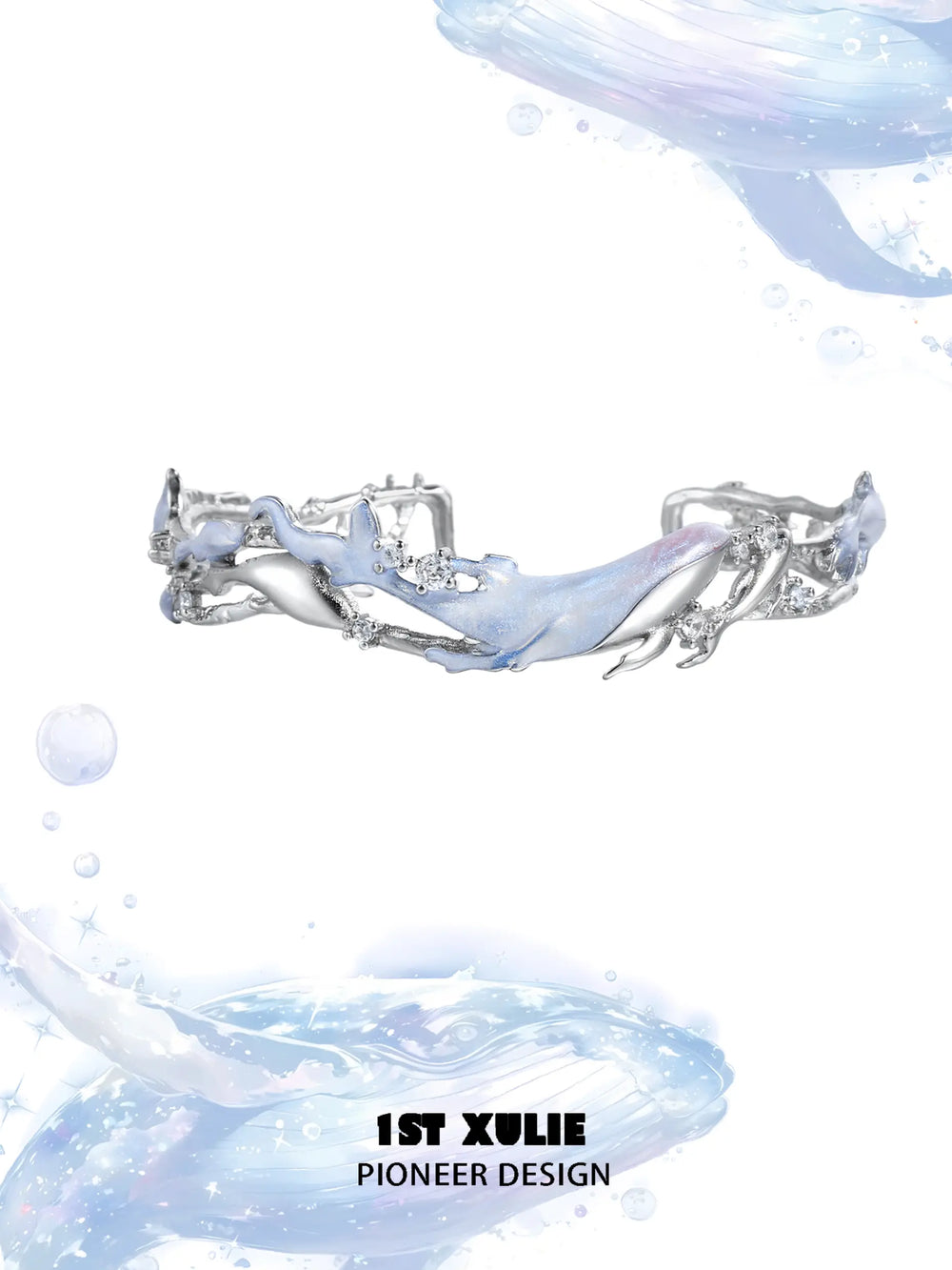 1ST XULIE "ATLANTIS" Statement Whale & Pearl Cuff Bangle in Platinum Plated - Product View