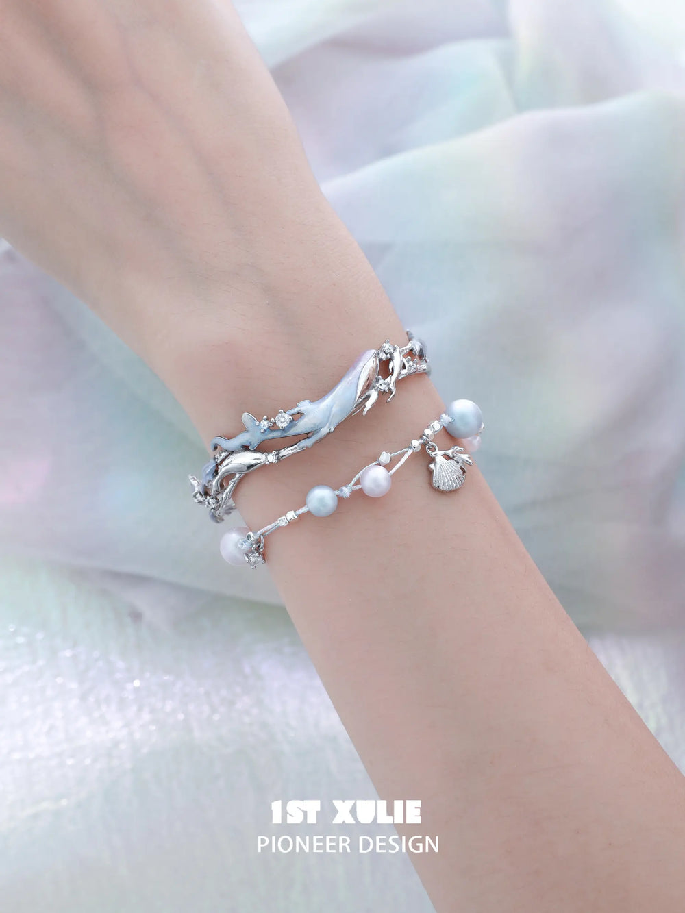 1ST XULIE "ATLANTIS" Statement Whale & Pearl Cuff Bangle in Platinum Plated - Packaging View