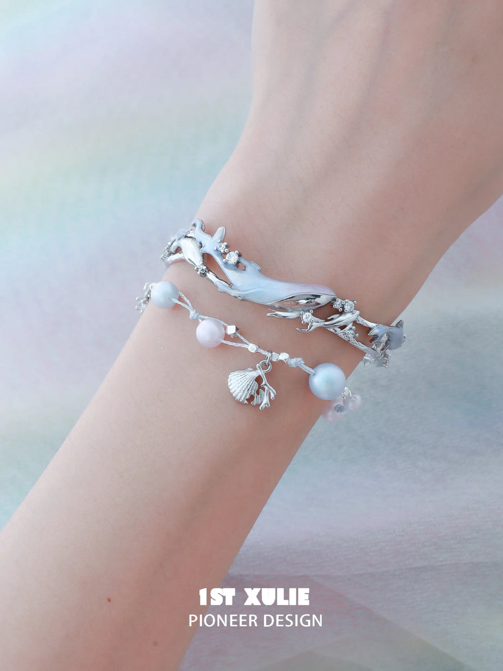 1ST XULIE "ATLANTIS" Statement Whale & Pearl Cuff Bangle in Platinum Plated - Side View