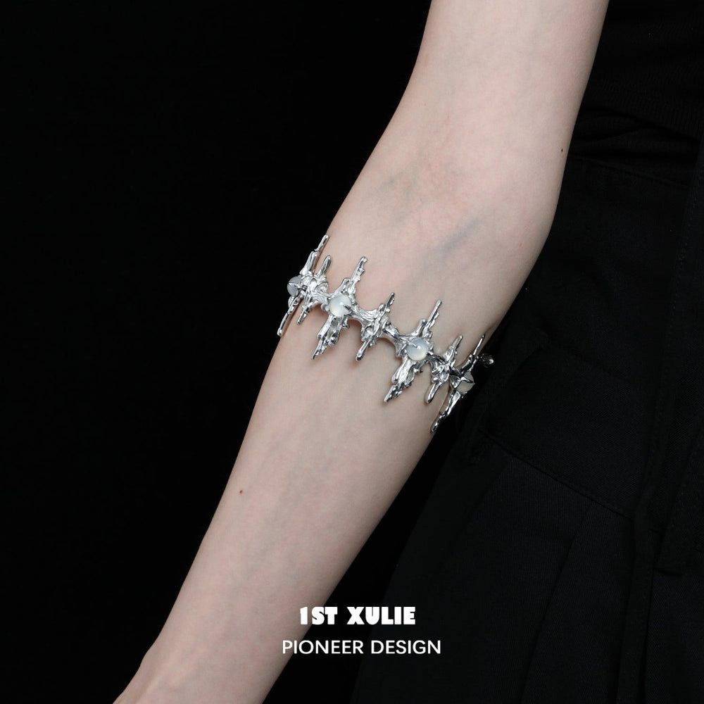 1ST XULIE "Day Dream" Statement White Agate Upper Arm Cuff in Platinum Plated - Detail Shot